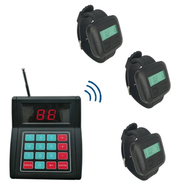 Uhren Langstrecken -drahtloses Paging -Rufsystem für das Restaurant Cafe 1 Tastatursender + 3 Handgelenk Uhren Schwarz