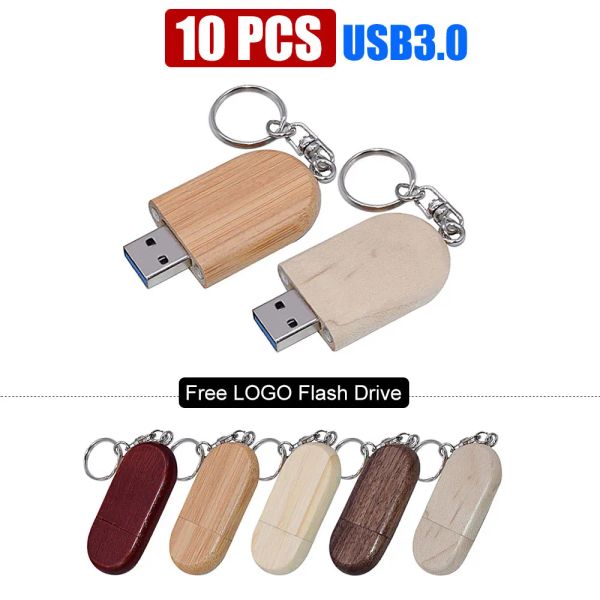 Unidades 10pcs por lote de lote grátis de madeira USB 3.0 Wood Flash Drive Pendrive 4GB 8GB 16GB 32GB 64GB Memory Stick Stick Wholesale for Wedding