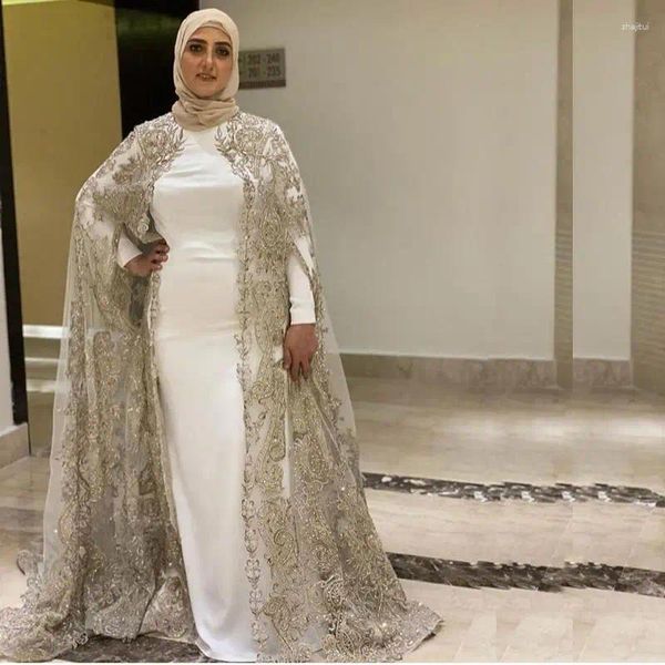 Vestidos de festa noite muçulmana branca com jaqueta de renda de colarinho alto vestido formal de manga comprida 2024