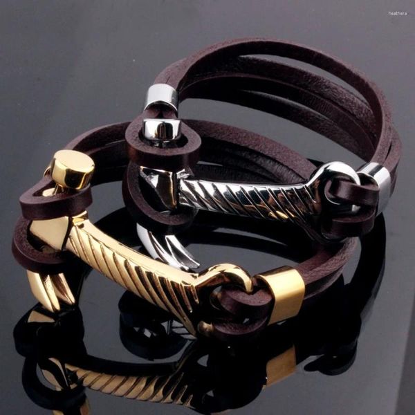 Link Armbänder klassische silberne Farbe Gold Hammer Design Edelstahl Verschluss cooler brauner Leder Herren Armband Armreifen Mode