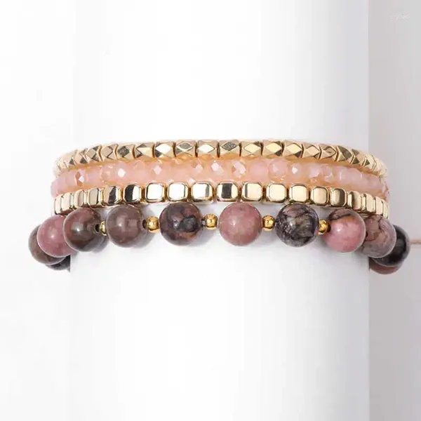 Strand 4pcs rosa Kristall Rhodonit Stein Perlen Armband Nature Gold Farbwürfel Perlen Charme Set für Frauen Armbänder