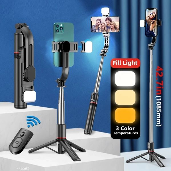 Sticks Roreta 2024 Yeni kablosuz katlanabilir selfie çubuk 1160mm uzun boylu tripod ile bluetooth deklanşör dolgu ışık monopod ile iPhone için