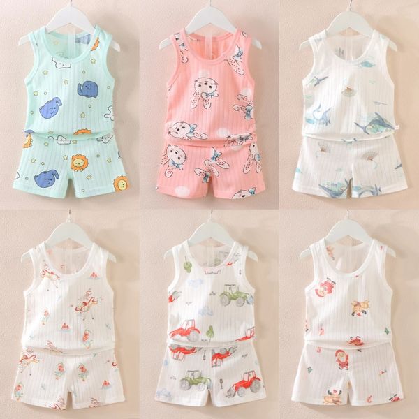 Kinder Kleidung Set Summer Jungen Mädchen Cartoon Thin Style ärmellose Weste Shorts Set Baby Pyjama 240408