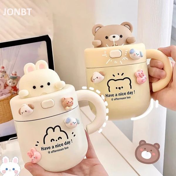 1 pc kawaii orso caffè tazza termica per bevande fredde calde tè latte thermos tazza in acciaio inossidabile con bottiglia portatile sul coperchio della paglia 0424