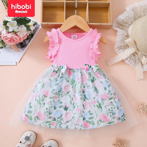 Mädchenkleider Hibobi Frühlings- und Sommer-Baby Patchwork Blume Bogennetz Kleid Mode gekräuselt