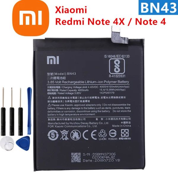 Batterie 100% Xiaomi Batteria originale BN43 4000Mah per Xiaomi Redmi Nota 4x Nota 4 BN43 Batterie di sostituzione del telefono di alta qualità+Strumenti