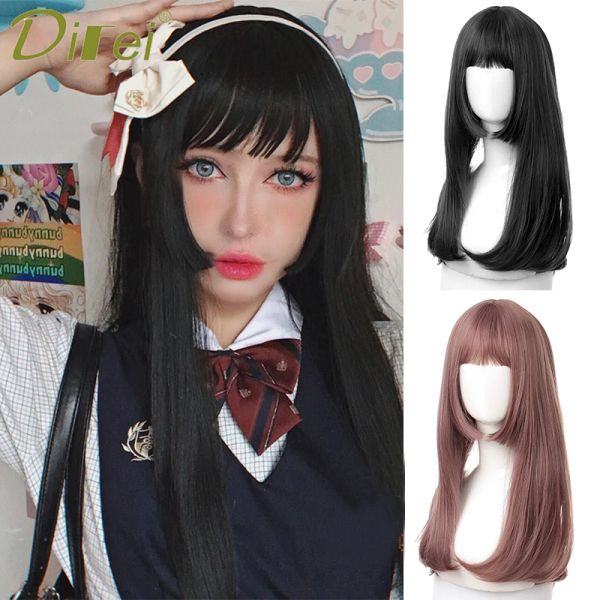 Wigs diFei synthetische lange gerade lolita Perücke rosa schwarze süße weibliche hitzebeständige band bangs wig Anime falsche Haare