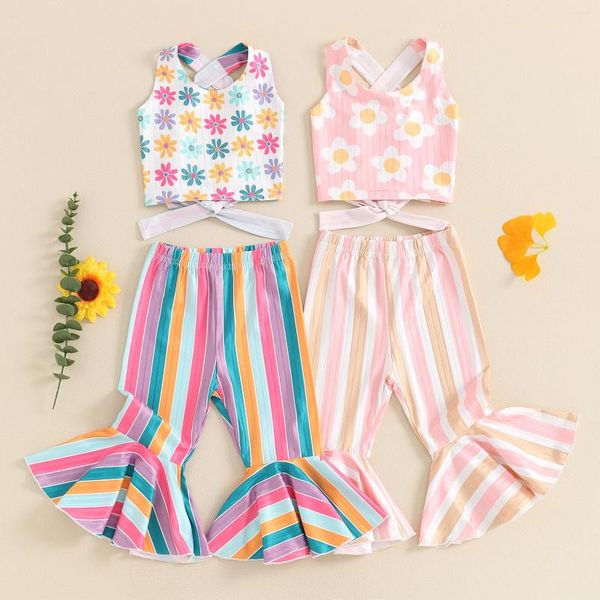 Roupas Conjuntos de roupas Little Girls 2 Peça Prinha Flor Prind traseira Tanque de tanques elásticos cintura listrada calças de verão roupas de verão