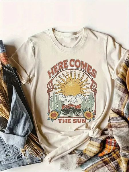 Aí vem The Sun Graphic Tees Western Plus Size Mulheres Vintage Roupas Estéticas hippie boho camiseta algodão Retro tops grunge 240412