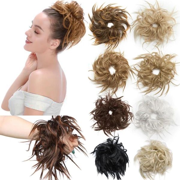 Chignon Snoilite Synthetic Messy Hair Bun Elastic Hair Band lockiges Haarstück für Frauen knirschbrauner schwarzer Hochsteckfrisur Chignon