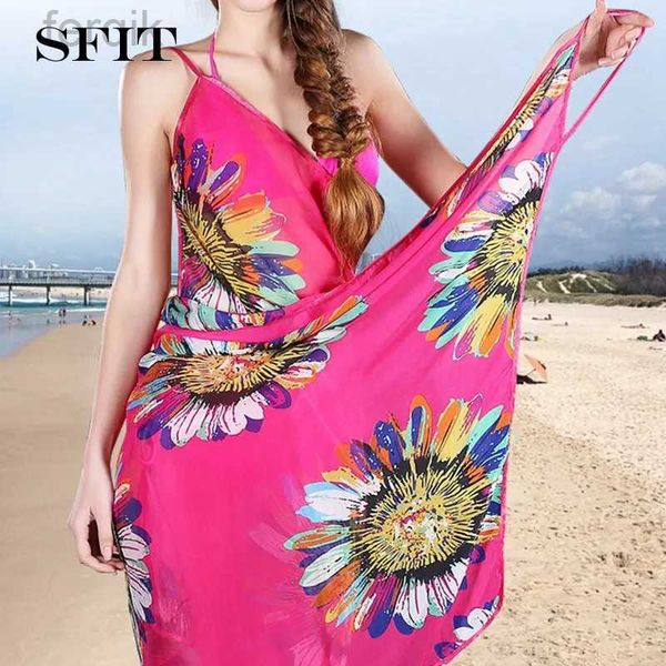 Swimwear femminile 2022 Coperture stampate Abito da spiaggia sexy Donne Halter Sling Chiffon Beach Asciugamano Wrap Bikini Gigine da bagno aperto D240424