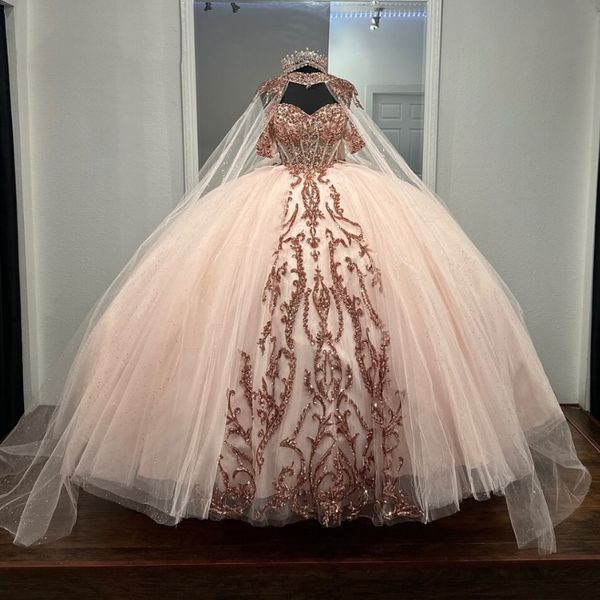 Rosa glänzend Ballkleid Quinceanera Kleid mit Cape Pailletten Appalier Spitze Tull Vestidos de 15 Anos Prinzessin Formale Anlässe Kleid