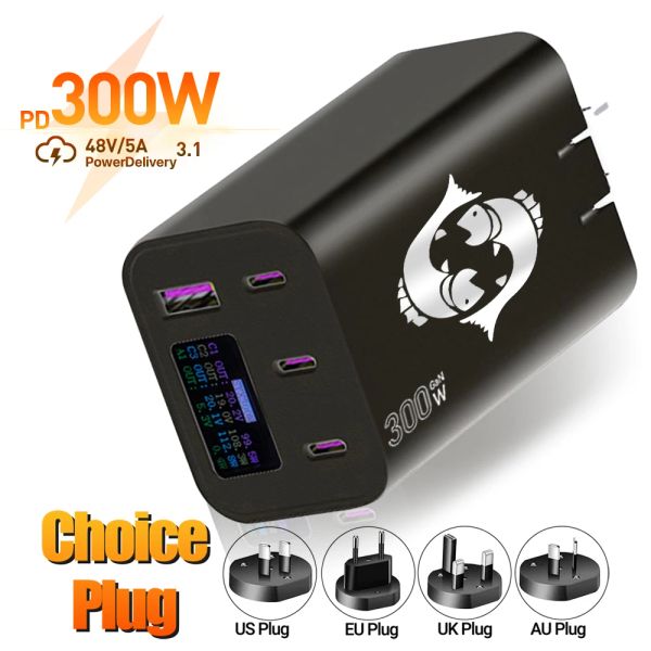 Chargers 5 In1 3D Pisces Eu US UK UK AU 300W GAN Charger PD3.1 140W+140 Вт AC100240V OLED SCREEAD Заряд