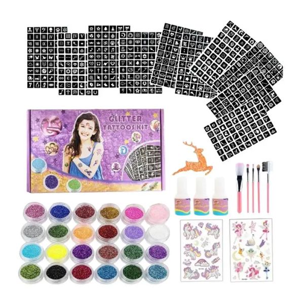 Kits colorido diamante glitter de tatuagem temporária conjunto glitter pó maquiagem pincel tatuagem cola de tatuagem parição de face corporal kits para crianças