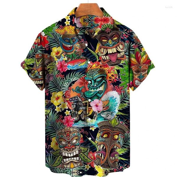 Camisas casuais masculinas Polynesia tiki 3d blusas para homens roupas god estátua gráfica praia hip hop havaiano manga curta menino y2k botão