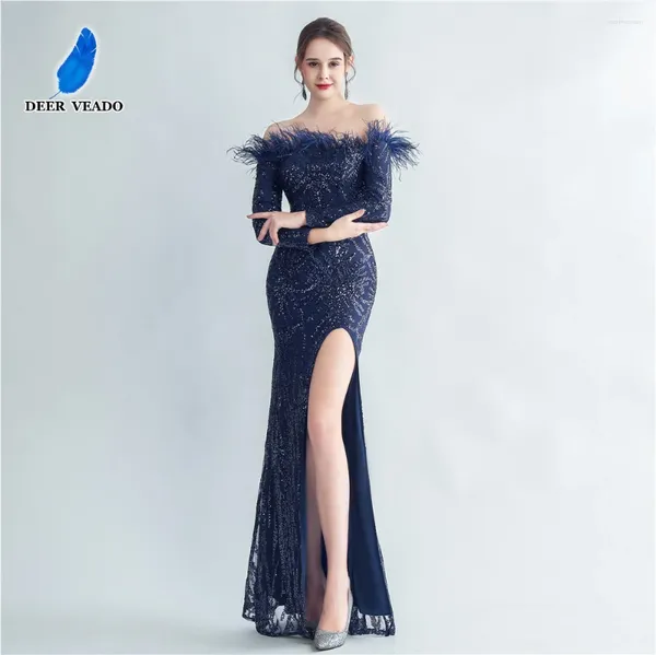 Платья для вечеринок Deerveado Русалка Slit Evening Dress для женщины Элегантные блестки Формальные макси с перьями Особый случай длинный