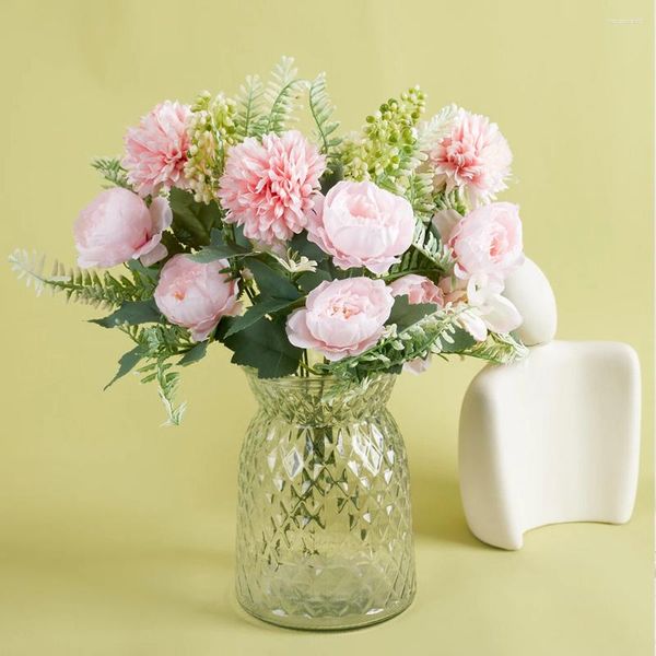 Flores decorativas de 35 cm de rosa rosa seda peony buquê artificial para festa de casamento em casa decoração DIY Plantas falsas internas