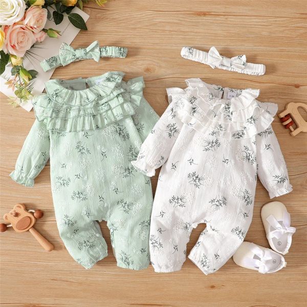 One-Pieces 0 bis 12 Monate Baby Girl Strampler Neugeborenes Mädchen Bodysuit Blumen Lotus Blatt Langarmer-Overall mit Stirnbandbaby Strampler