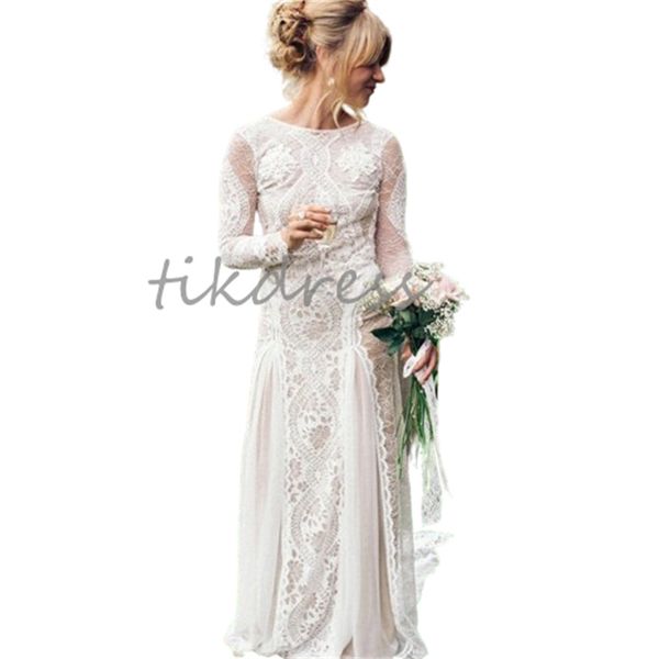 Fairytale boho spitzen Brautkleider Langarm Elopement Strand Chiffon Rückenless Garten Pastrol Brautkleid 2024 Hippies Bohemian rustikaler Landbraut Kleid