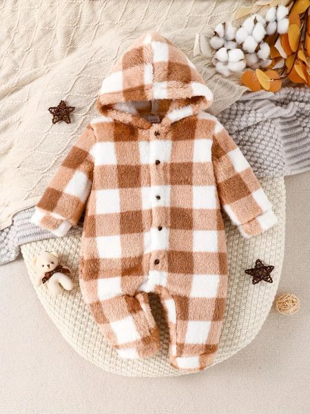 One-Pieces Herbst- und Winter-Baby-Mädchen-Onesie braune Plaid weiche arktische Samt Kapuze und Füße süße Neugeborene warme Kleidung Baby Strampler