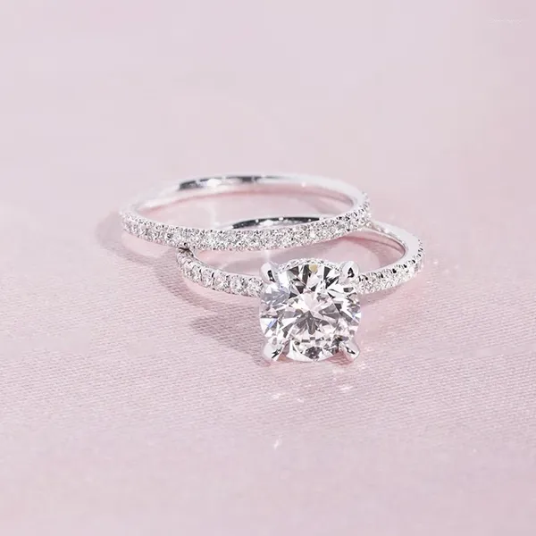 Cluster Rings Huitan Bling круглый кубический циркон 2pcs/set для женщин простая мода двойная укладку