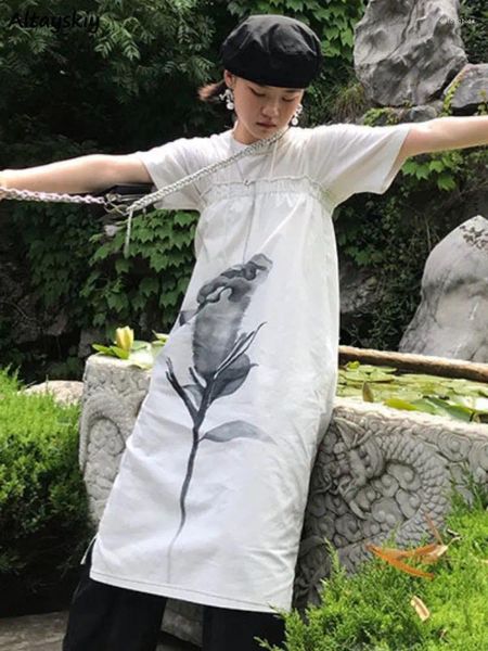 Lässige Kleider drucken ärmellose Kleid Frauen Sommer elegant Retro chinesische Stil Harajuku All-Match Mid Calf Spaghetti Armband Vestidos de Mujer