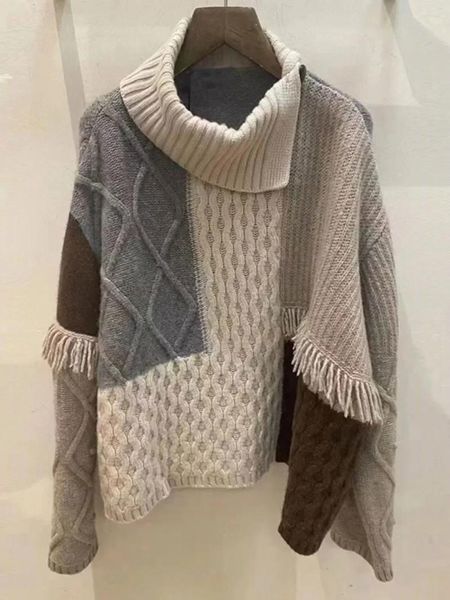 Malhas femininas trabalho pesado colorblockbock binge retro estilo preguiçoso japonês suéter peplum solto mulheres 2024 Nicho Design Sense