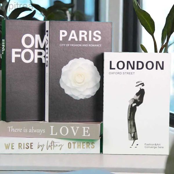 Objetos decorativos Figuras Perfume de luxo Paris London City Landscape Fake Books for Decoration Faux Decorative Book Storage Box Table Decoração de Casa D240424