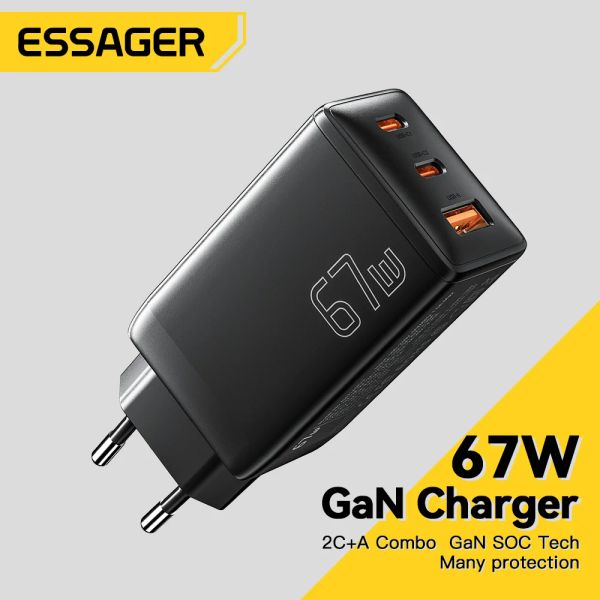 Chargers Essager 67W GAN USB Type C Caricatore per laptop 45W 25W PD QC 3.0 Carica rapida per MacBook Xiaomi Samsung iPhone14 13 Chagers Telefono