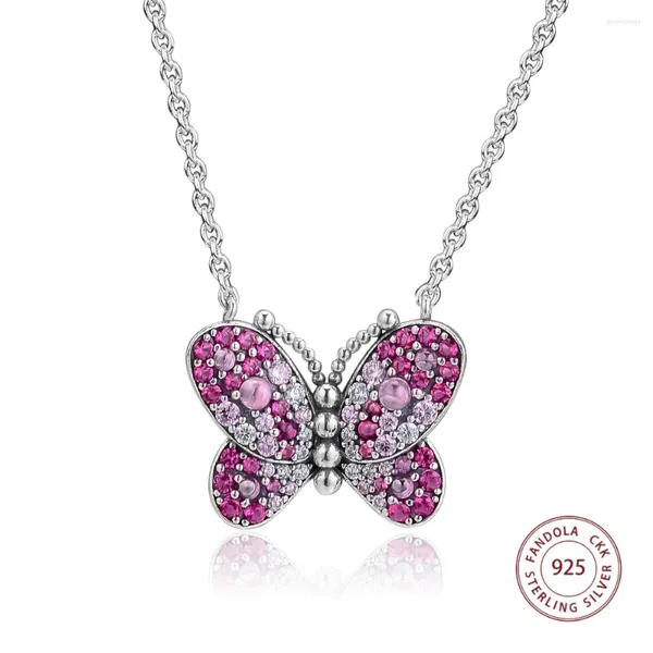 Anhänger echte 925 Sterling -Silber -Halskette schillernden rosa Schmetterling Anhänger Halsketten für Frauen fein Schmuck Geschenk Bijoux