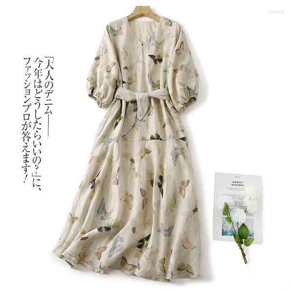 Повседневные платья Limiguyue Fairly Butterfly Floral Print Midi Summer Dress Women Женщины с коротким рукавом хлопковое льняное дышащее длинные vestidos e484