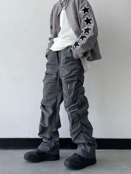 Брюки Deeptown Y2K винтажные плиссированные брюки для грузов мужчина хип -хоп мешковатые брюки Мужчина свободная кожаная уличная одежда на молнии стиль моды