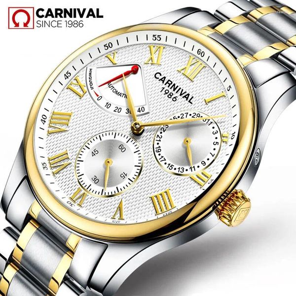 Armbanduhr Carnival Marke Fashion Energy Display mechanische Uhr für Männer Edelstahl wasserdichte Kalender Herren Uhren Reloj Hombre