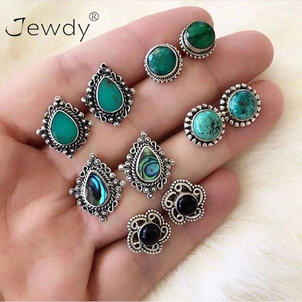 Bolzenohrringe 5 Paare/Set Vintage Black Green Stone Set für Frauenkristall Silber Farbe Geometrischer Ohrringschmuck Boucle Brincoos