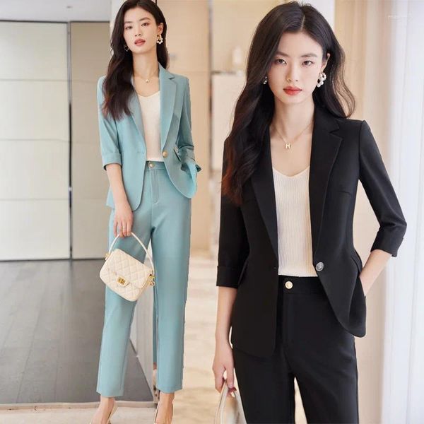 Calça de duas peças femininas verão preto jacket de terno pequeno de três quartos de luva de trabalho de trabalho temperamento profissional desgaste formal casual
