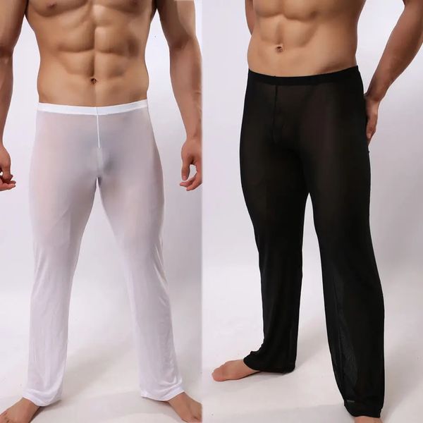 Hirigin mass sexy malha macia pura trapache calças esticadas calças calças de sono transparentes homens caseiros 240419