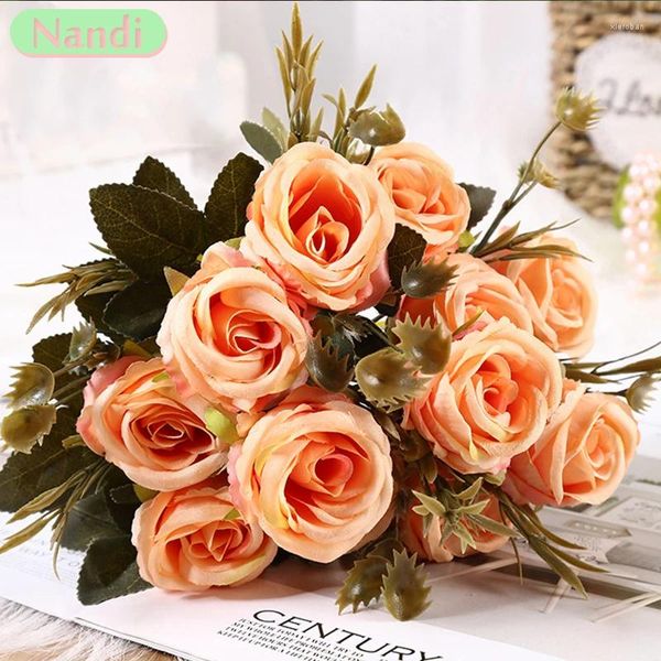 Dekorative Blumen 6 Köpfe künstliche Seiden Pfingstrosen Grün Rotrosa Rose gefälschte Blume für Hochzeit Tischraum Party Bouquet Dekoration