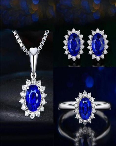 Nova chegada Sapprkling Luxury Jewelry Conjunto 925 Sterling Silver Oval Corte azul Sapphire CZ Diamond Women Wedding Breating Ring Colar95990456