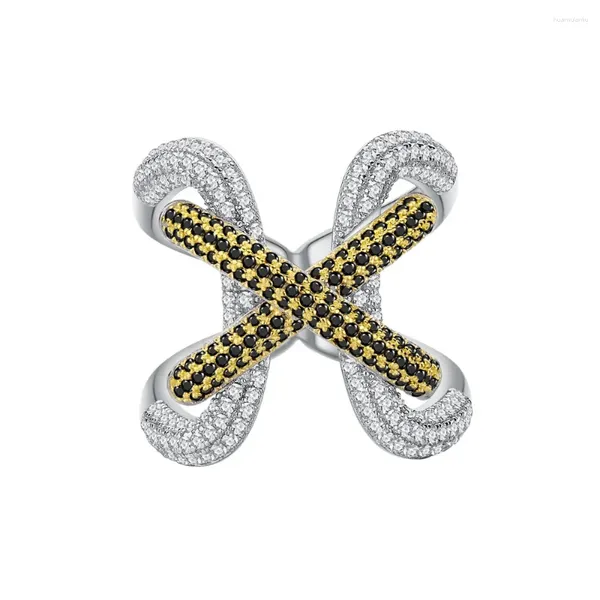Anéis de cluster cruzam linha grossa levemente embutida com diamante completo S925 Silver Ring Part feminino Prazado de ouro na moda