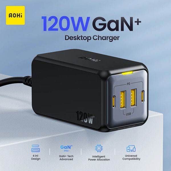 Chargers Aohi Gan Charger 120W 65W Tipo C Caricatore 4in1 Desktop USB Station di ricarica USB C USB Un output per iPhone 13 Pro Laptop Tablet