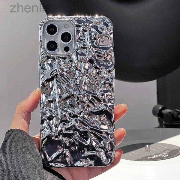 Casos de telefone celular Platando Metal Color Silver Tin Foil Pleats Caso para iPhone 14 13 12 11 15 Pro Max Mini XS XR x 7 8 Plus Silicone Phone Case D240424