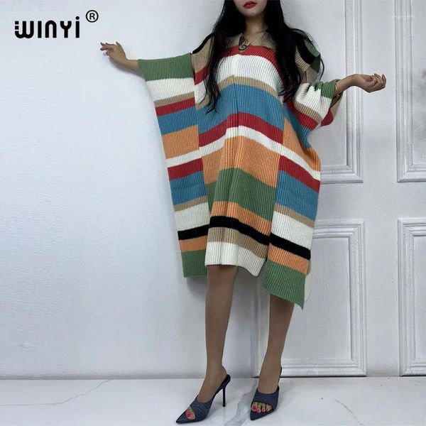 Vestidos casuais Winyi Winter Dress Stripe Design confort Warm Moda Caftan Festa de Natal Elegante Africa Sexy Birthday for Women