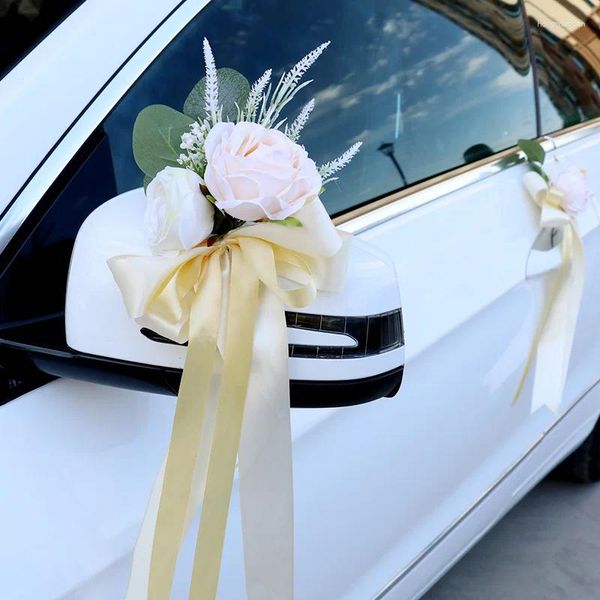 Dekorative Blumen Champagner künstliche Seidenblume Rose Rückspiegel Tür Fliege Bindung Ribbon Hochzeit Autos Dekoration Arrangements Accessorie Accessorie