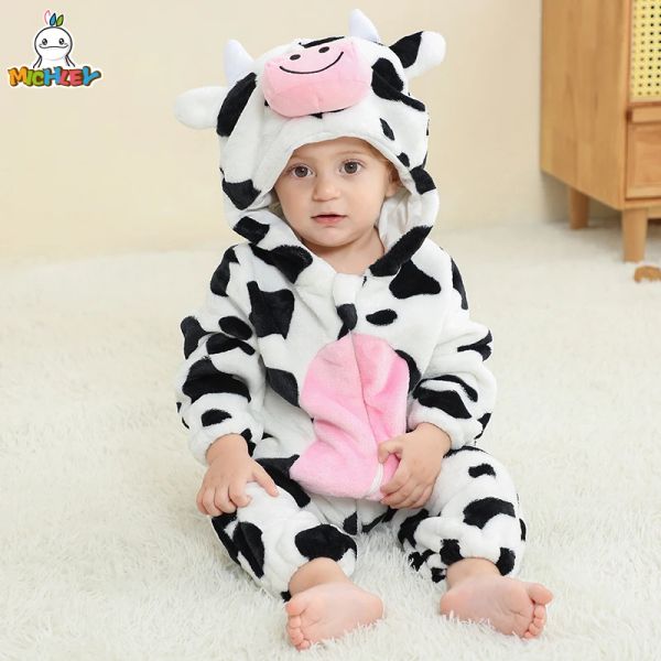 Piece michley Halloween Cute Cow Flannel Baby Rompers Vestiti invernali Costume Bodysuits Spajamas Animali salti