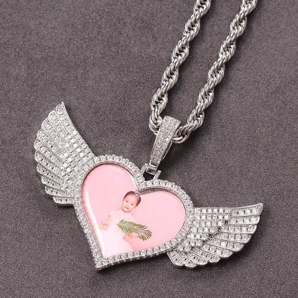 Hip Hop Heart Wing Pingente Gold Pedido Full Diamond Love Memory Memory Frame Colar Pedido mínimo