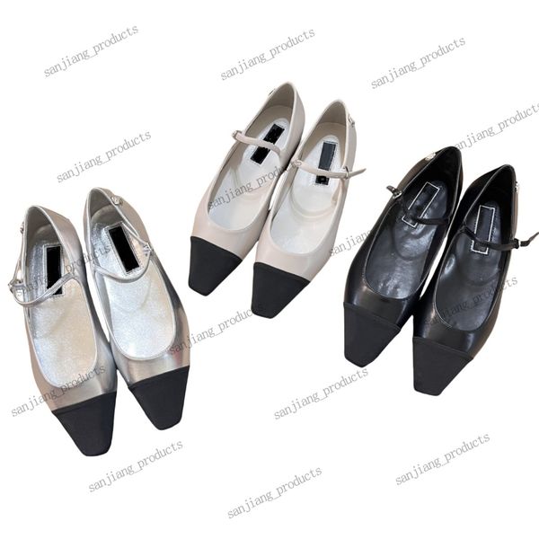 Schaffell Mary Jane Ballet Flachschuhe Logo Schnalle Gurt Sandal Slebner Frauen Flachkleid Schuhe Luxus Designer Schuhe Büroschuhe Schwarz weiß silberne Kappe Zehen Bootsschuhe