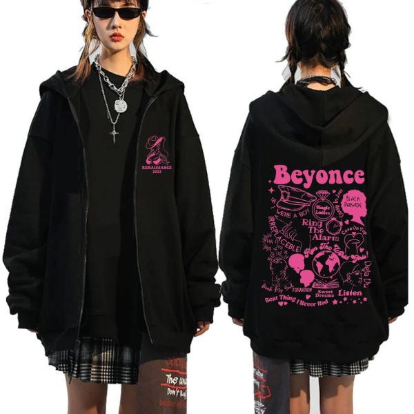 POLOS 2023 Renaissance Beyonce World Tour Kpop Álbum imprimido Capuz Sweatshirts Manga longa Streewear Roupas de pullover zip up Hoodie