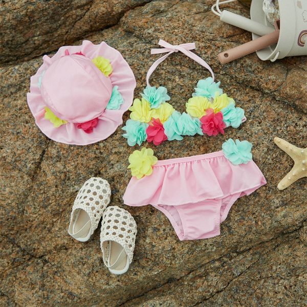 Badebekleidung Neue Sommer Kinder Baby Girls Bikini Set Badeanzug Prinzessin Infant Beachwear 3 -teilige Tieup Halhter Hals Rüschen Badebekleidung Sonnenhut Set Set