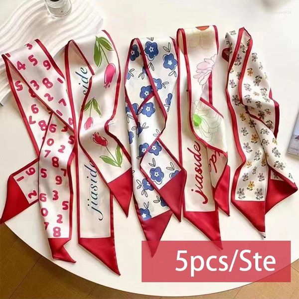 Schals 5pcs/Set -Serie Silk Satin Schal Frauen Stoff Haarbänder Kopfschmuck Accessoires Lady Ribbon Hals Krawatten für Beutelgriff