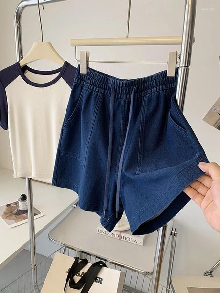 Damenshorts Denim für Frauen dunkelblau elastische Taille Drawess A-Line Jeans Sommer 2024 Dünnes loses Bein